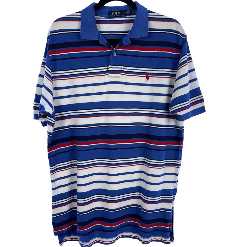 Polo Ralph Lauren Shirt Mens Large Blue White Striped Short Sleeve Top Cotton